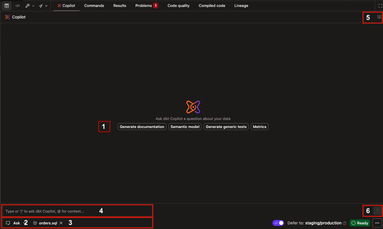 The Copilot panel in the Studio IDE showing quick-action buttons, text input field, and agent mode controls.